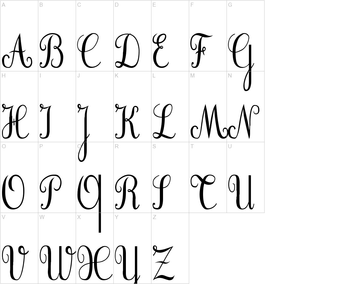 Cursif font uppercase characters sample