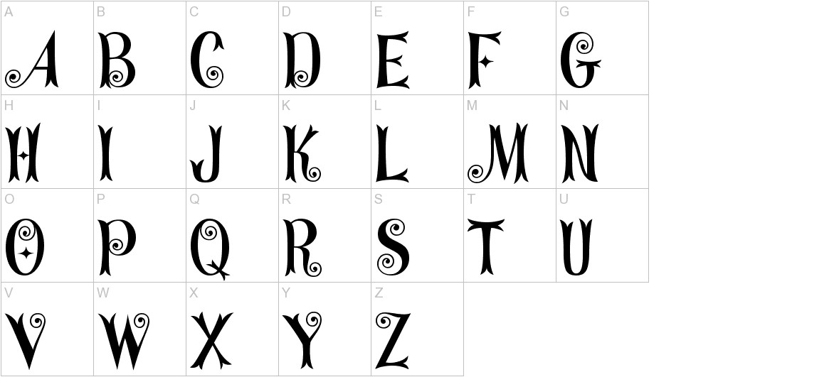 CurlyStars font uppercase characters sample